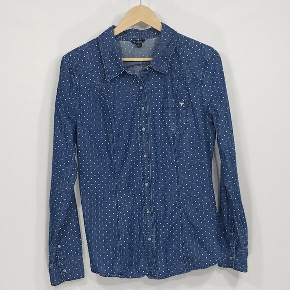 Guess Blue & White Polka Dot Pearl Snap Shirt - Picture 1 of 4